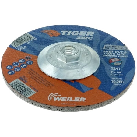 Weiler 6" x 1/4" TIGER ZIRC Type 27 Grinding Wheel, Z24T, 5/8"-11 Nut 58078